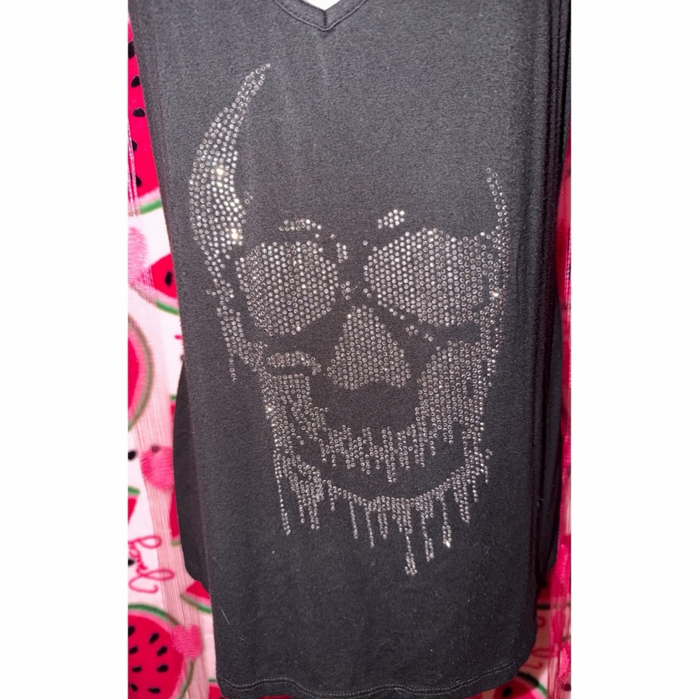 Black Rhinestone Skull V-Neck Women’s Top